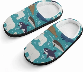 Cartoon Animals of Seal And Whale Print Slippers for Boys Girls Home Cotton Slippers Non-Slip Warm Little Kids Slippers