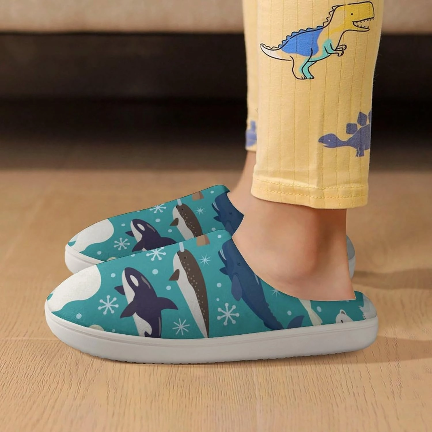 Cartoon Animals of Seal And Whale Print Slippers for Boys Girls Home Cotton Slippers Non-Slip Warm Little Kids Slippers