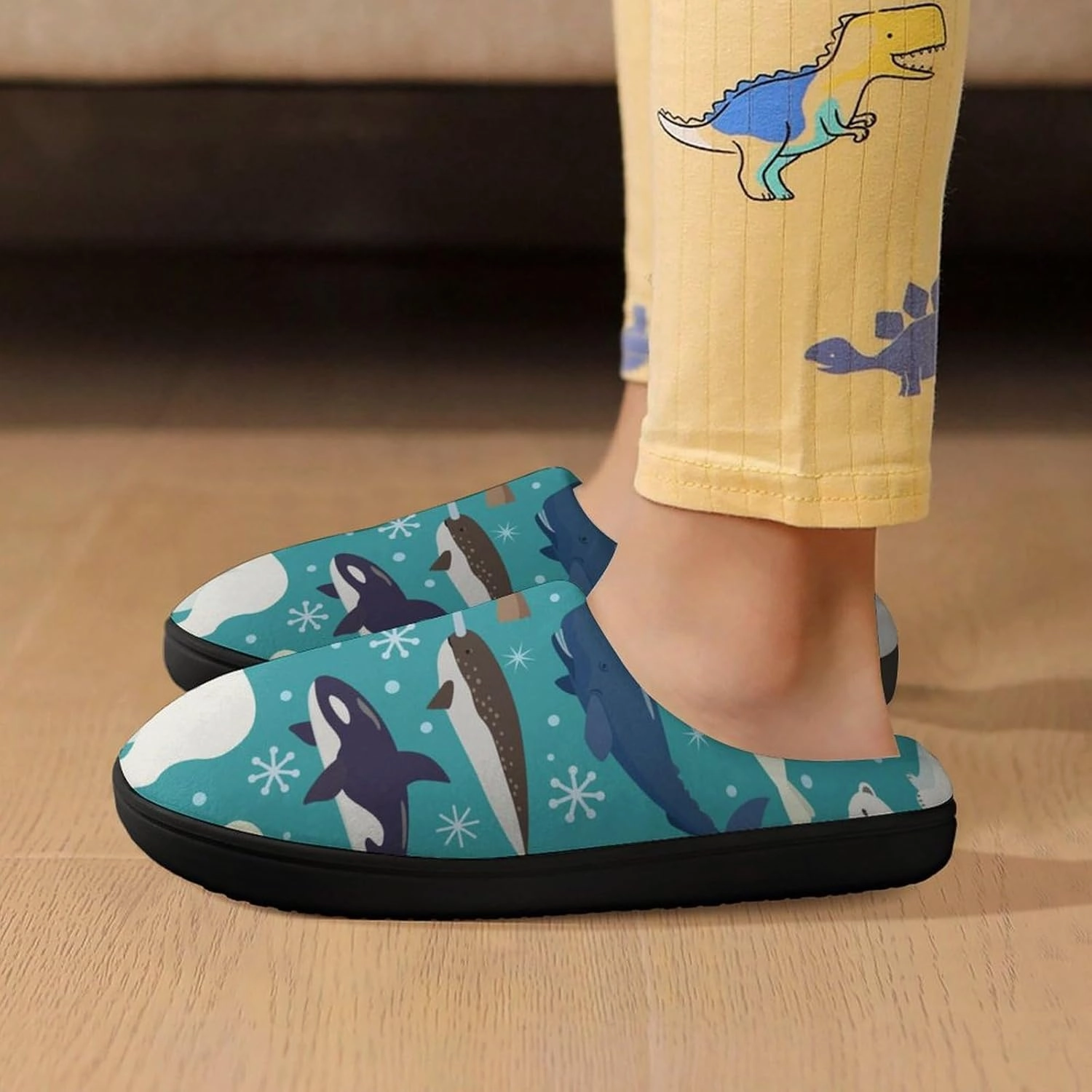 Cartoon Animals of Seal And Whale Print Slippers for Boys Girls Home Cotton Slippers Non-Slip Warm Little Kids Slippers