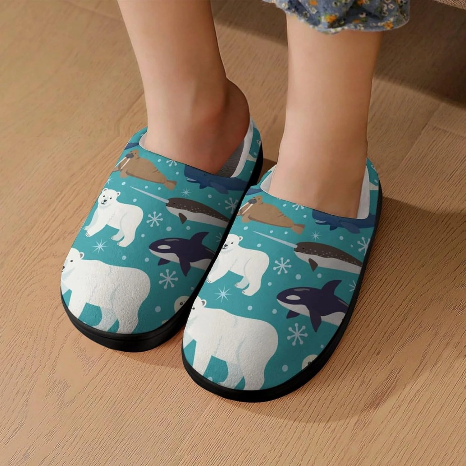 Cartoon Animals of Seal And Whale Print Slippers for Boys Girls Home Cotton Slippers Non-Slip Warm Little Kids Slippers