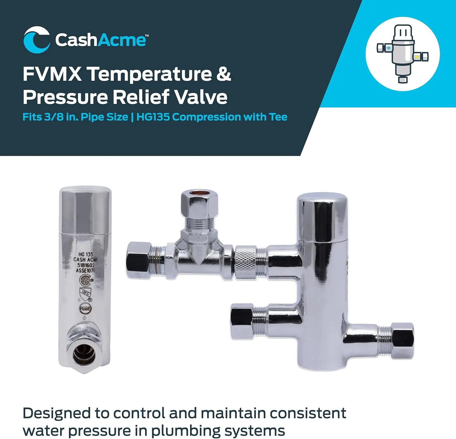 Cash Acme 3/8 Inch HG135 Thermostatic Mixing Valve with Compression Connections, Tee, and Integral Checks, Brass Plumbing Fitting, 25687