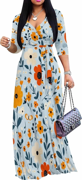 Casual V Neck Maxi Dresses for Women 2025 - Floral Print Summer 3/4 Sleeve Wrap Sundress with Belt