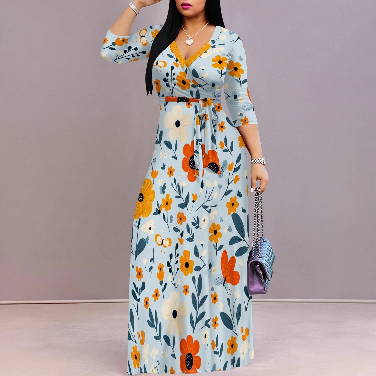 Casual V Neck Maxi Dresses for Women 2025 - Floral Print Summer 3/4 Sleeve Wrap Sundress with Belt