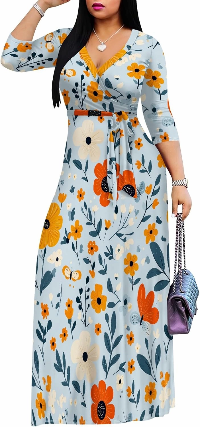 Casual V Neck Maxi Dresses for Women 2025 - Floral Print Summer 3/4 Sleeve Wrap Sundress with Belt