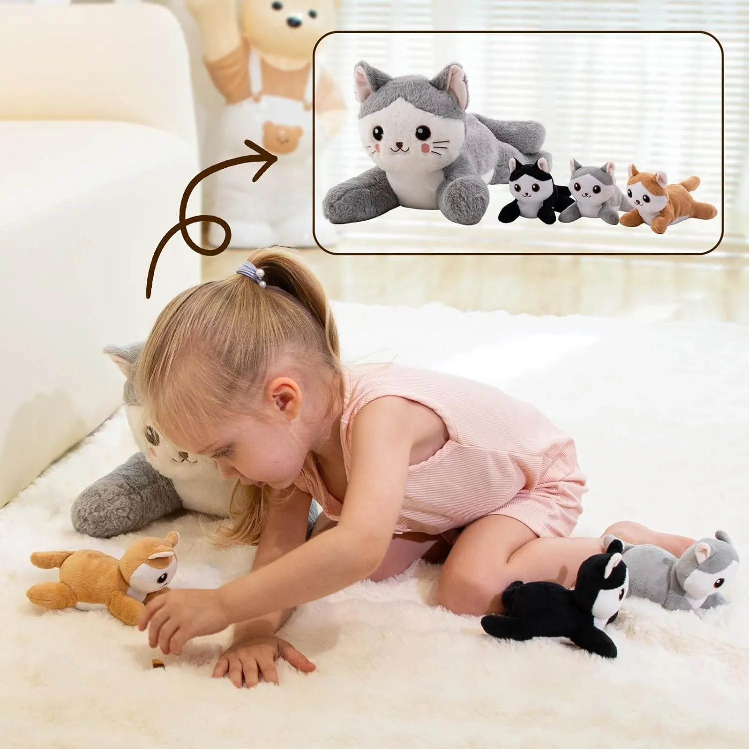 Cat Stuffed Animal, Stuffed Cat with Baby Inside, Mommy Cat Stuffed Animal with Babies Set, Cat Plush Gifts for Kids, Boys on Christmas, Birthday 20in