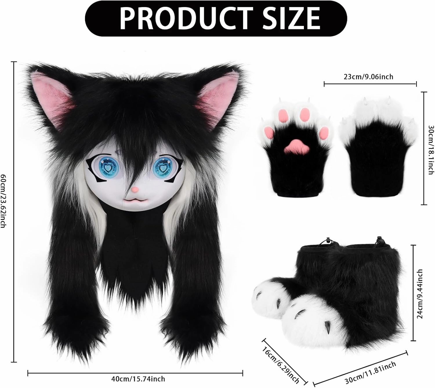 Cat Paw Mittens Gloves Furry Shoes Fursuit Animal Head Mask Halloween Masquerade Cosplay Costume Accessories Set