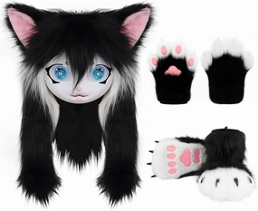 Cat Paw Mittens Gloves Furry Shoes Fursuit Animal Head Mask Halloween Masquerade Cosplay Costume Accessories Set