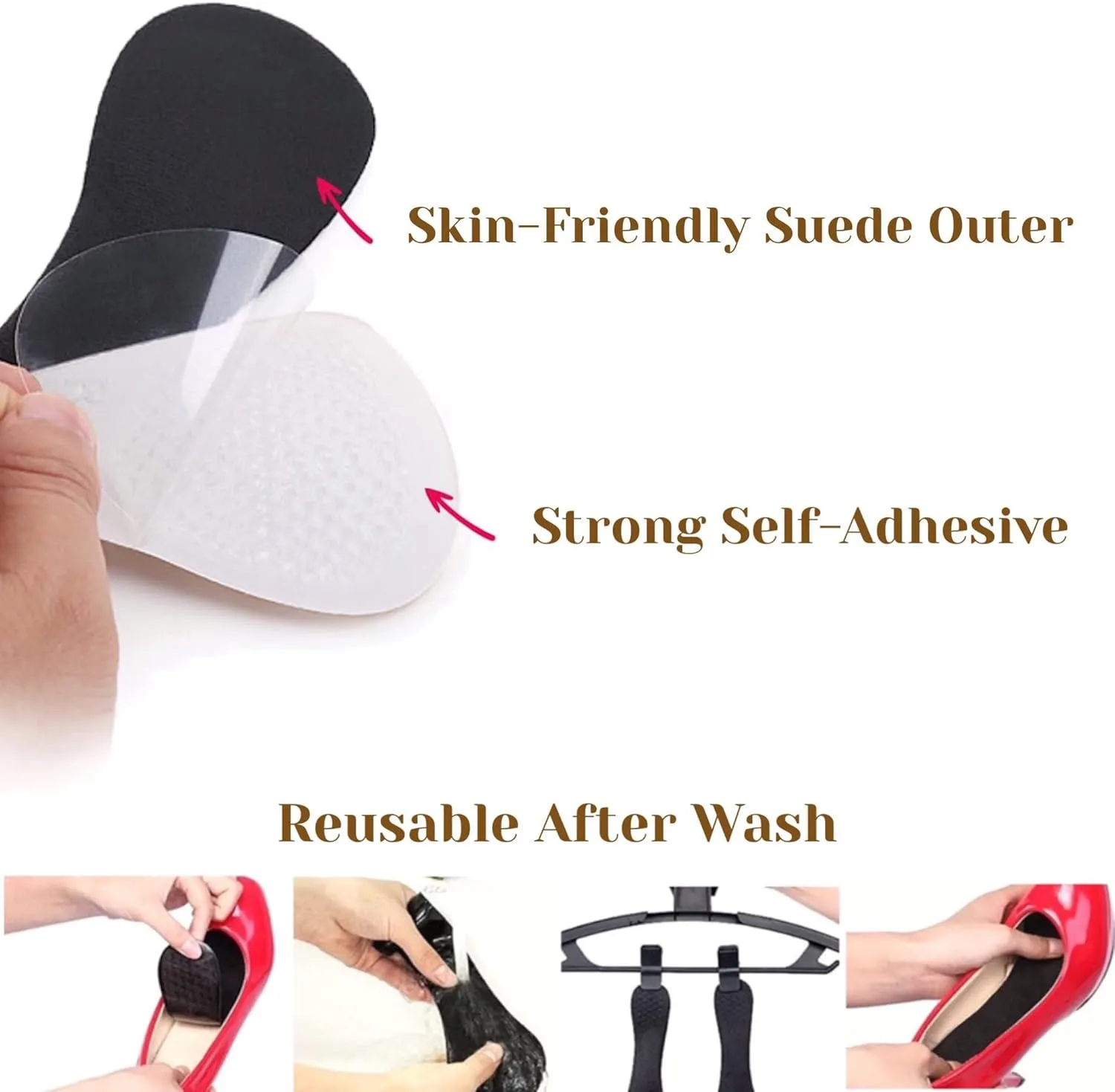 CB 3-Pairs Silicone Gel Invisible Slim Inserts Liners, Ball of Foot & Arch Support Insoles, Arch Pain Foot Heel Pain Relief, 3/4 Length for Women Shoes High Heel Shoes 5-7, Clear