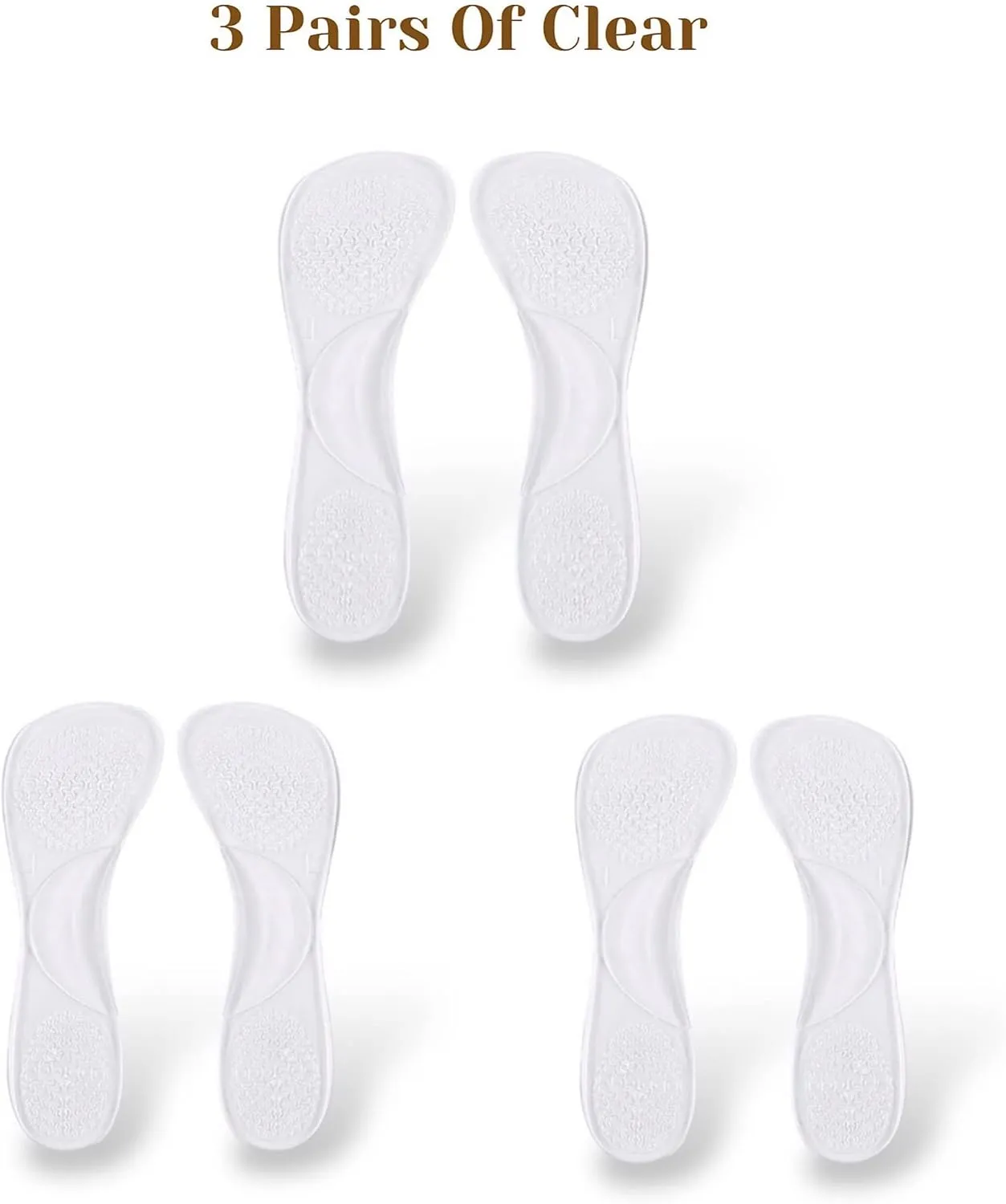 CB 3-Pairs Silicone Gel Invisible Slim Inserts Liners, Ball of Foot & Arch Support Insoles, Arch Pain Foot Heel Pain Relief, 3/4 Length for Women Shoes High Heel Shoes 5-7, Clear