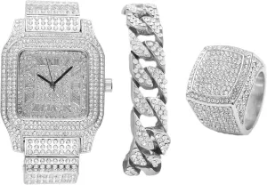 Charles Raymond Bling-ed Out Diamonds Shining Everywhere Hip Hop Sq Watch Cuban Bracelet with Ring Set-L0513