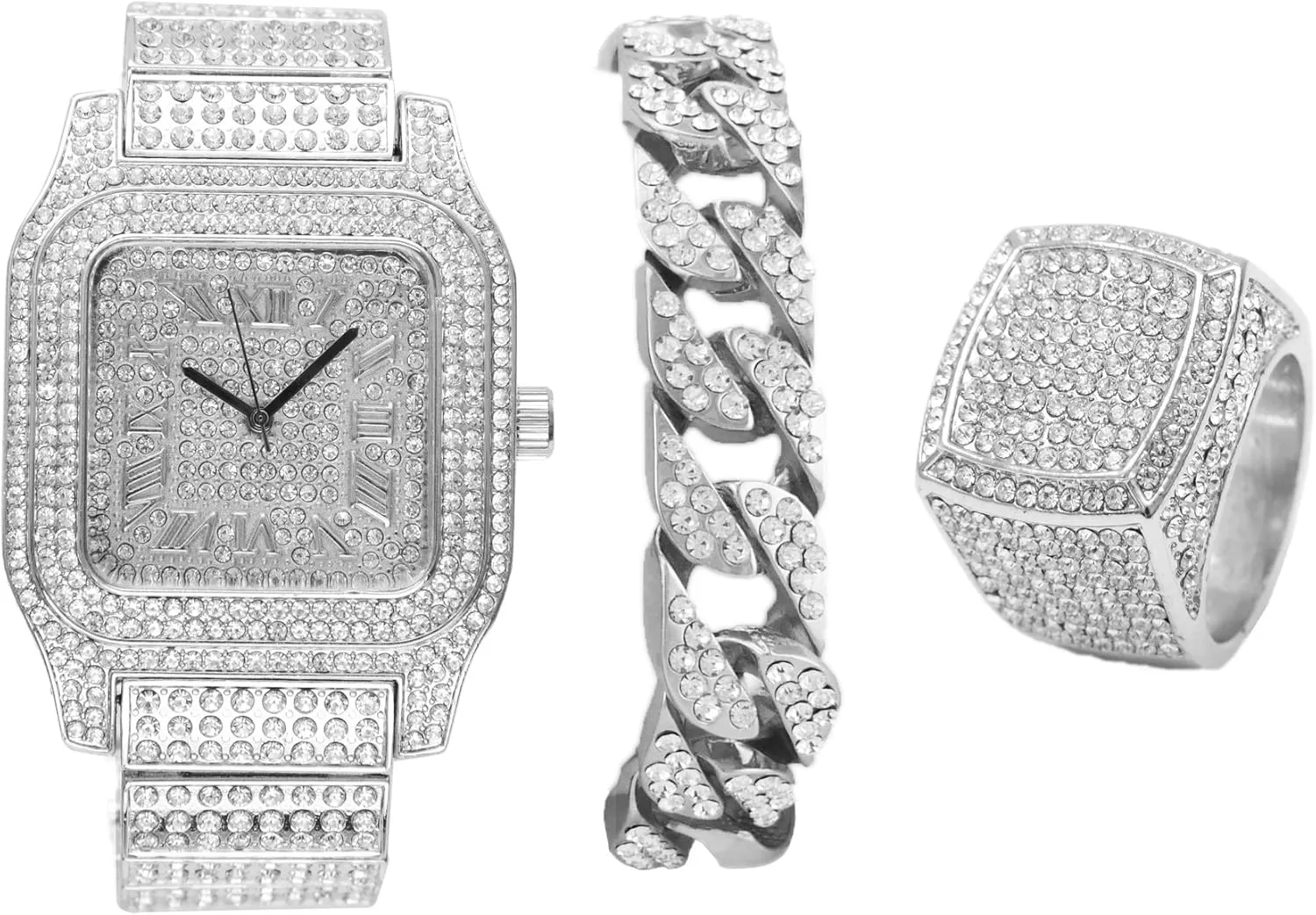 Charles Raymond Bling-ed Out Diamonds Shining Everywhere Hip Hop Sq Watch Cuban Bracelet with Ring Set-L0513