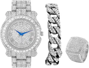 Charles Raymond Bling-ed Out Round Luxury Mens Watch w/Bling-ed Out Cuban Bracelet and Iced King Ring Set - L0504 BR 3pc Set