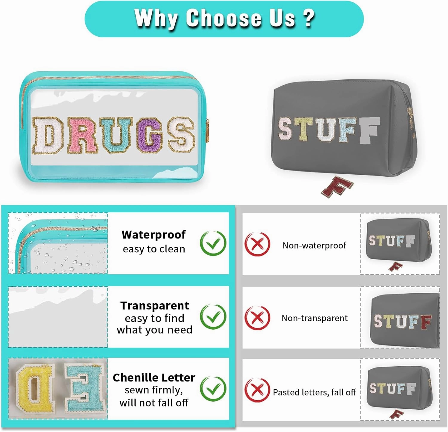 Chenille Letter Clear DRUGS Makeup Bag, Meds Travel Bag Small Preppy Makeup Pouch with Zipper, Transparent PVC & Nylon Waterproof Portable Glitter Cosmetic Toiletry Storage for Women Girl(DRUGS-Green)