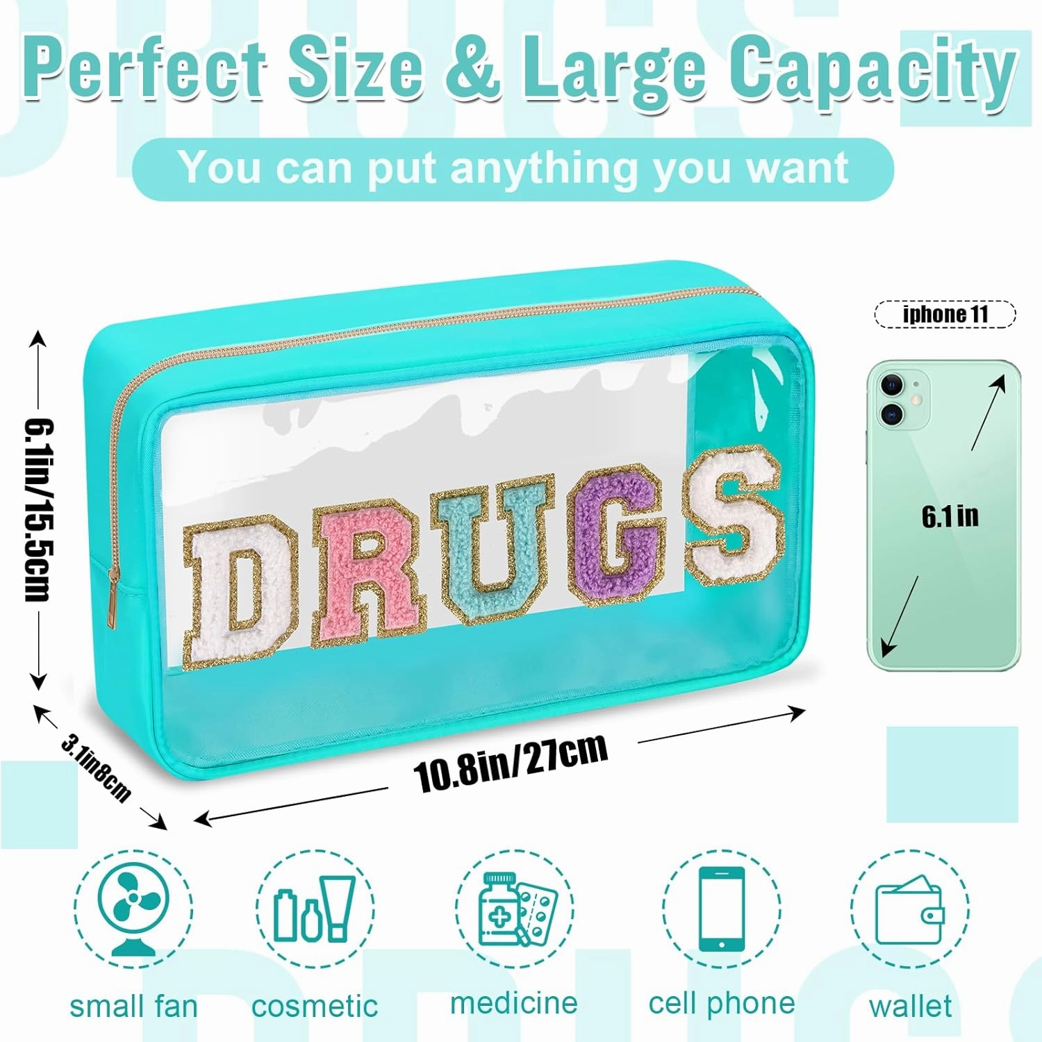 Chenille Letter Clear DRUGS Makeup Bag, Meds Travel Bag Small Preppy Makeup Pouch with Zipper, Transparent PVC & Nylon Waterproof Portable Glitter Cosmetic Toiletry Storage for Women Girl(DRUGS-Green)