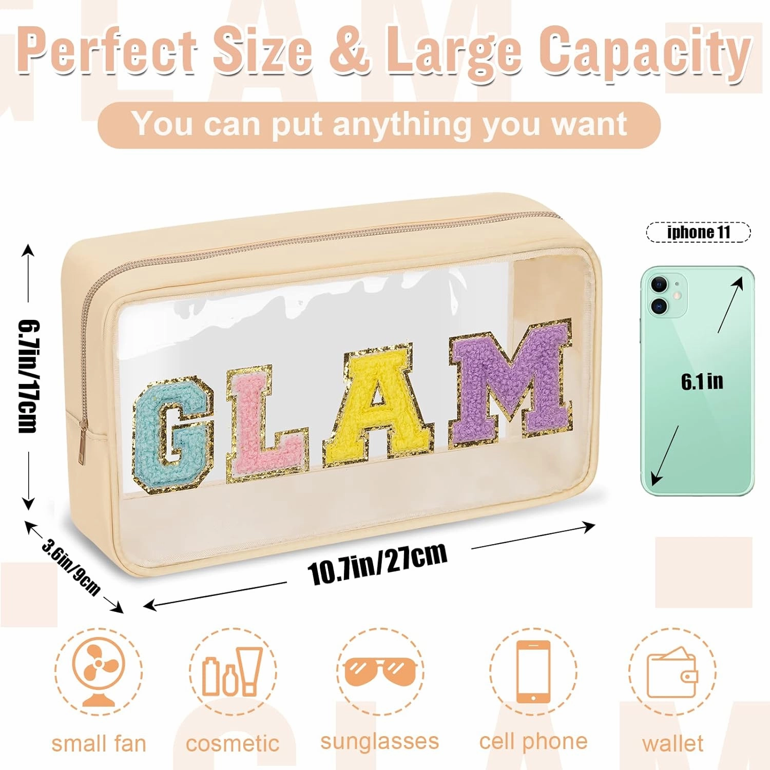 Chenille Letter Clear Makeup Bags Glam Pouch, Preppy Patch Makeup Bag with Zipper, Transparent PVC & Nylon Waterproof Portable Glitter Cosmetic Bag Travel Toiletry Storage for Women Girls(GLAM-Beige)
