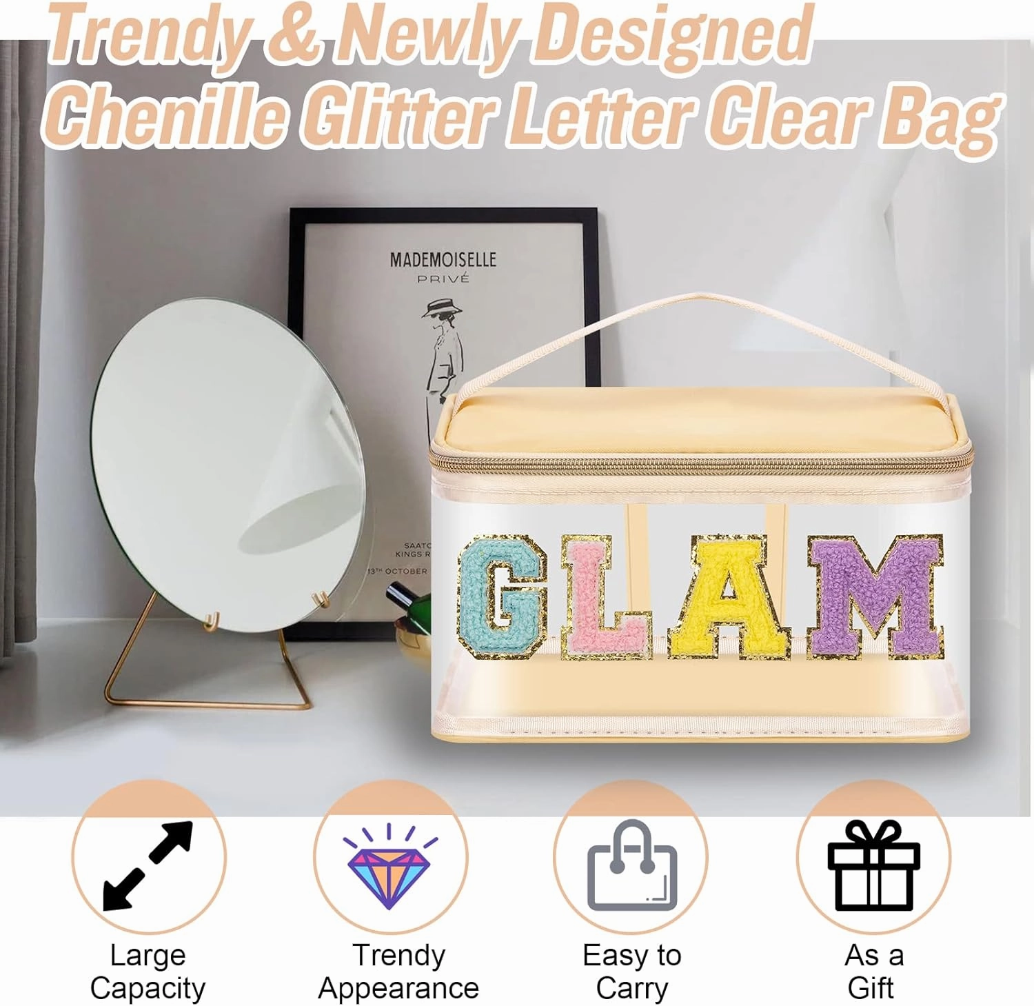 Chenille Letter Clear Makeup Bags Glam Pouch, Preppy Patch Makeup Bag Zipper with Handle, Transparent PVC & Nylon Waterproof Glitter Cosmetic Handbag Travel Toiletry Storage for Women Girl(GLAM-Beige)