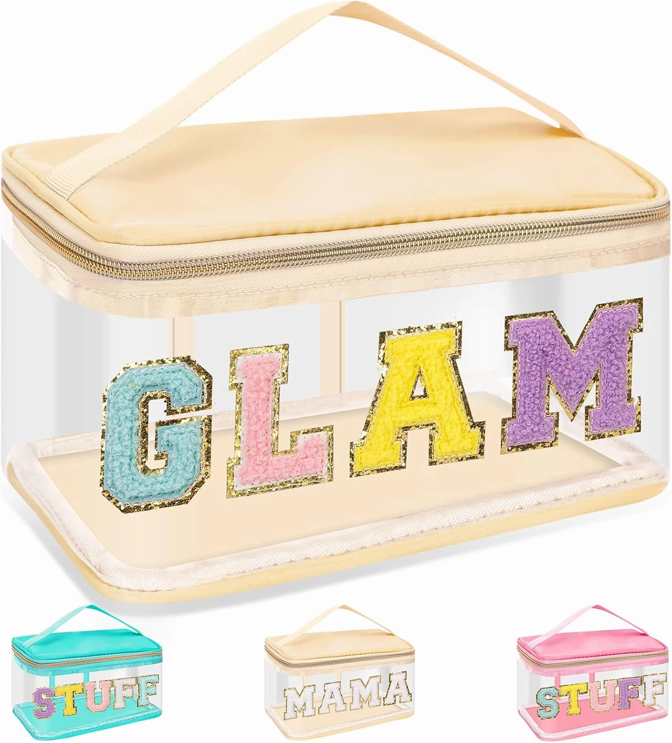 Chenille Letter Clear Makeup Bags Glam Pouch, Preppy Patch Makeup Bag Zipper with Handle, Transparent PVC & Nylon Waterproof Glitter Cosmetic Handbag Travel Toiletry Storage for Women Girl(GLAM-Beige)