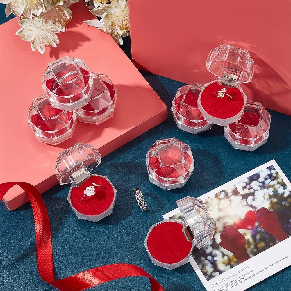 CHGCRAFT 40Pcs Red Transparent Plastic Ring Boxes Crystal Earrings Jewelry Storage Boxes with Foam for Storing Rings Jewelry Earrings Wedding Proposal Valentine's Day, 1.5×1.5 Inch