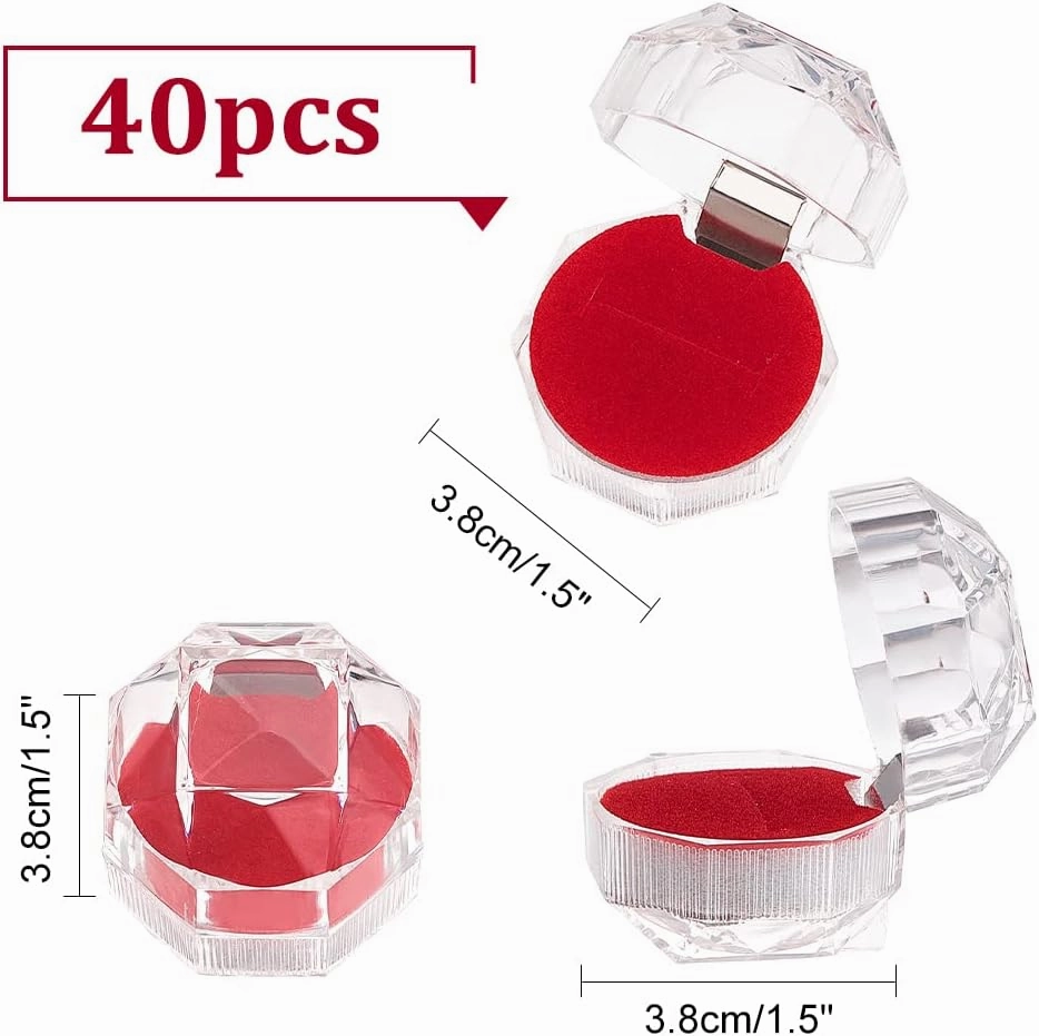 CHGCRAFT 40Pcs Red Transparent Plastic Ring Boxes Crystal Earrings Jewelry Storage Boxes with Foam for Storing Rings Jewelry Earrings Wedding Proposal Valentine's Day, 1.5×1.5 Inch
