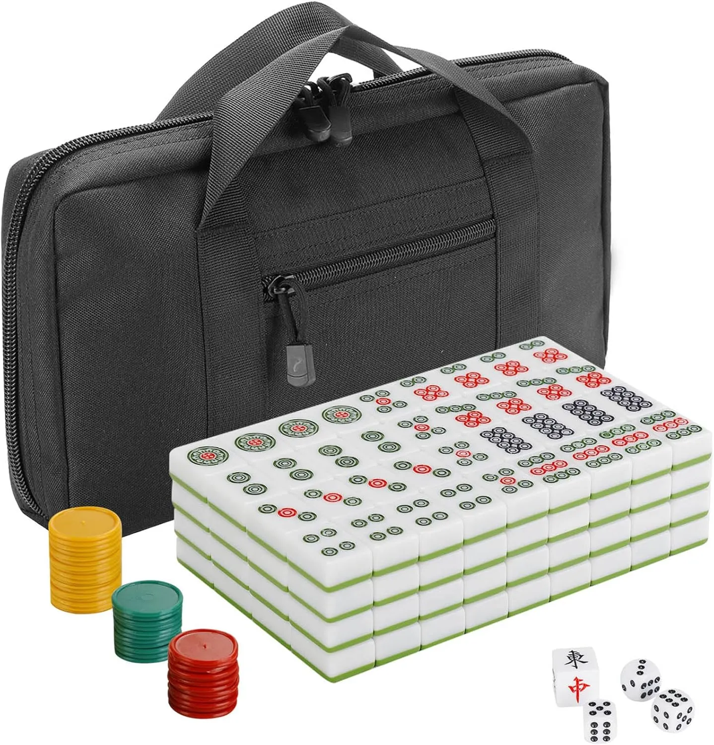 Chinese Mahjong Tile Set,144 Tiles White Green Melamine Tiles with Carrying Travel Case,Complete Majong Majiang, Mah Jonng Game Set