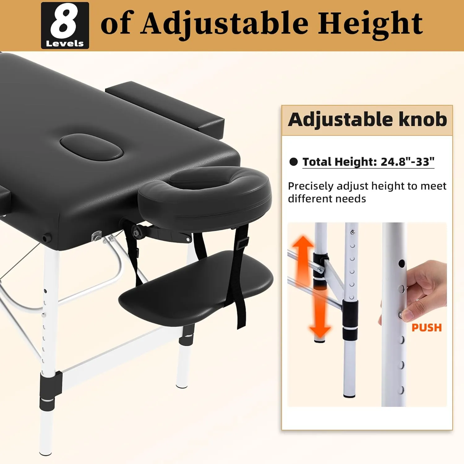 civama Massage Table Massage Bed Portable, 26 LBs Light Weight 2 Section Foldable Tattoo Bed Facial Care Spa Lash Bed Height Adjustable Sturdy Aluminum Frame with Accessories Carrying Bag, Black