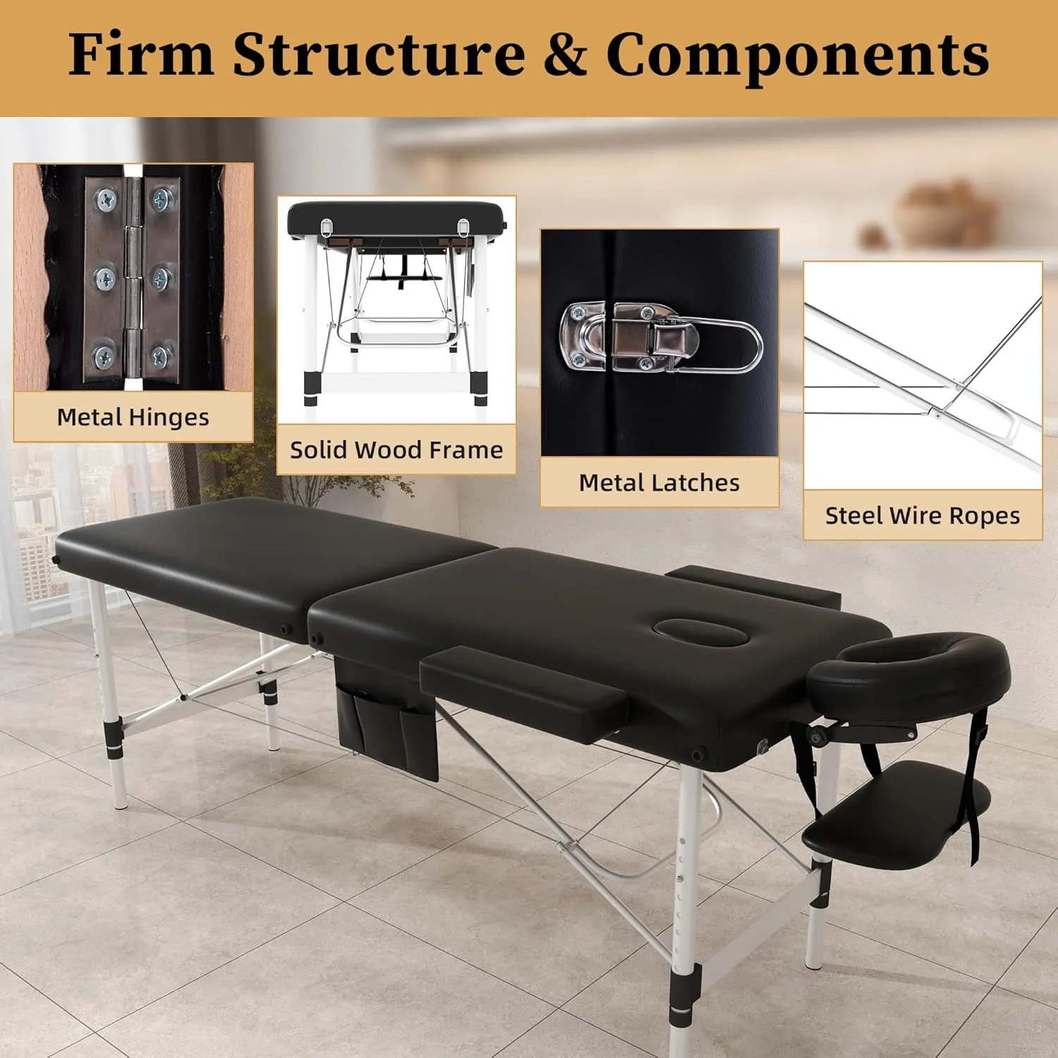 civama Massage Table Massage Bed Portable, 26 LBs Light Weight 2 Section Foldable Tattoo Bed Facial Care Spa Lash Bed Height Adjustable Sturdy Aluminum Frame with Accessories Carrying Bag, Black