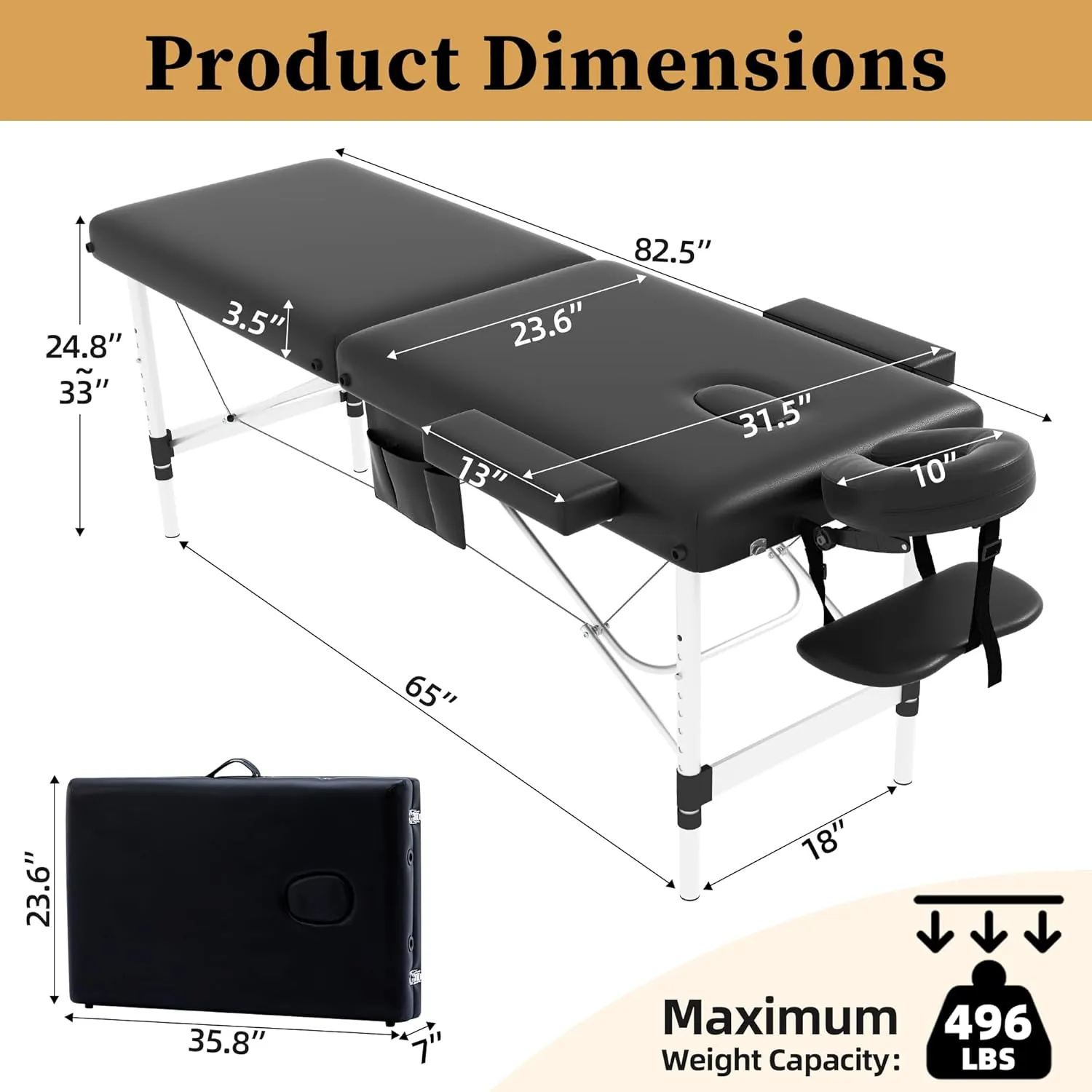 civama Massage Table Massage Bed Portable, 26 LBs Light Weight 2 Section Foldable Tattoo Bed Facial Care Spa Lash Bed Height Adjustable Sturdy Aluminum Frame with Accessories Carrying Bag, Black