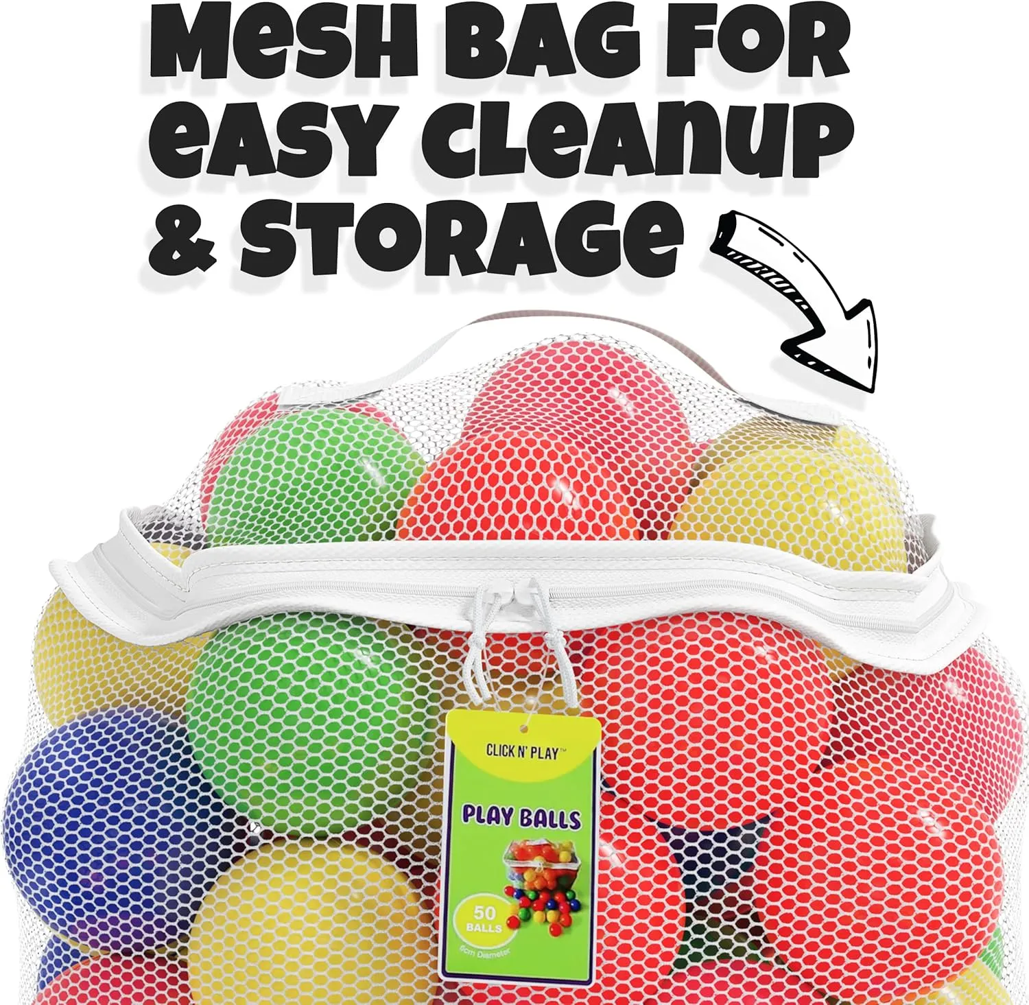 Click N' Play Ball Pit Balls for Kids, Plastic Refill Balls, 200 Pack, Phthalate and BPA Free, Includes a Reusable Storage Bag with Zipper, Bright Colors, Gift for Toddlers and Kids