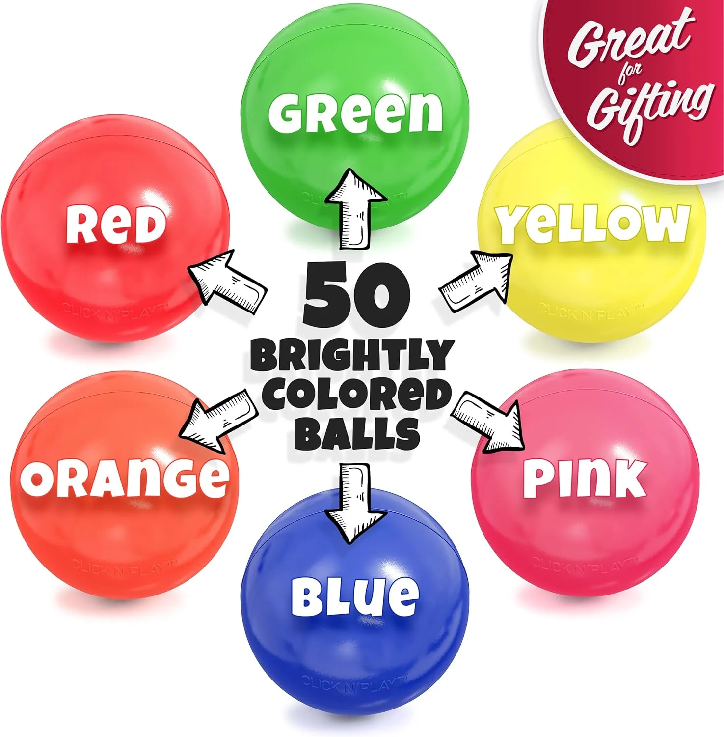 Click N' Play Ball Pit Balls for Kids, Plastic Refill Balls, 200 Pack, Phthalate and BPA Free, Includes a Reusable Storage Bag with Zipper, Bright Colors, Gift for Toddlers and Kids