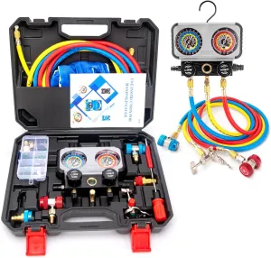 CMOOD AC Gauge Set R1234yf R134a Manifold Gauge Set for R1234yf R134a R404a Refrigerants, Automotive AC Manifold Gauge Set with Hoses Quick Couplers for Car Freon Charging & Evacuation