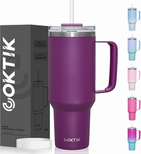 COKTIK 40 oz Tumbler With Handle and Straw Lid, Vacuum Insulated Travel Coffee Mug Stainless Steel Insulated Cup for Beverages, Leak-proof, Cupholder Friendly (Sangria)