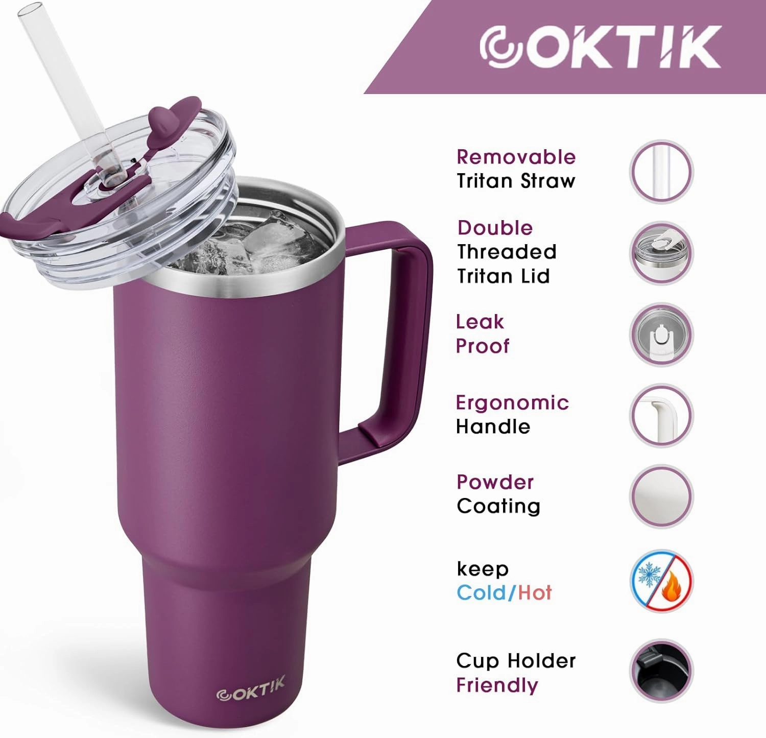 COKTIK 40 oz Tumbler With Handle and Straw Lid, Vacuum Insulated Travel Coffee Mug Stainless Steel Insulated Cup for Beverages, Leak-proof, Cupholder Friendly (Sangria)