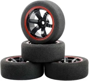 Compatible with HSP for HPI 1/10 RC On-Road for Racing Car Accessory Sponge Tires and Wheel Rims with 3mm Offset and 12mm Hex RC Wheel Tires(Red)