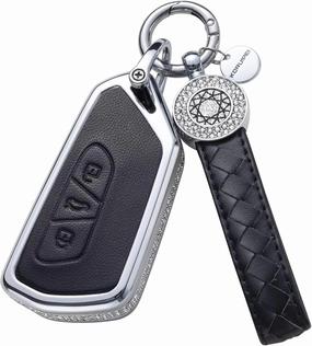 Compatible with VW Volkswagen Key Fob Cover with Keychain, Black Genuine Leather Crystal Key Case Protection Shell Fit for VW ID3 ID4 MK8 Golf 8 GTI Skoda Octavia Keyless Entry Key Fob