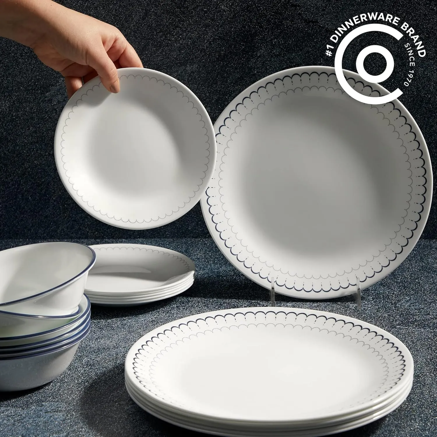 Corelle 18-Piece Dinnerware Set Service for 6, Lightweight Round Plates and Bowls Set, Vitrelle Triple Layer Glass, Chip Resistant, Microwave and Dishwasher Safe, Caspian
