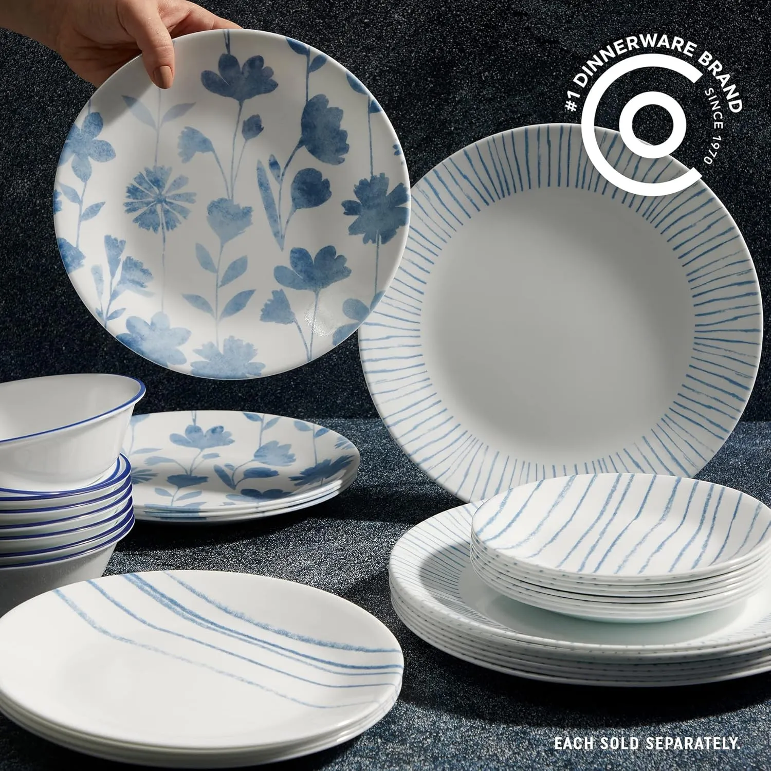 Corelle 6-Piece 8.5" Vitrelle Glass Lunch Plates, Lightweight, Scratch Resistant - Botanical Stripes