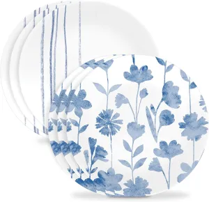 Corelle 6-Piece 8.5" Vitrelle Glass Lunch Plates, Lightweight, Scratch Resistant - Botanical Stripes