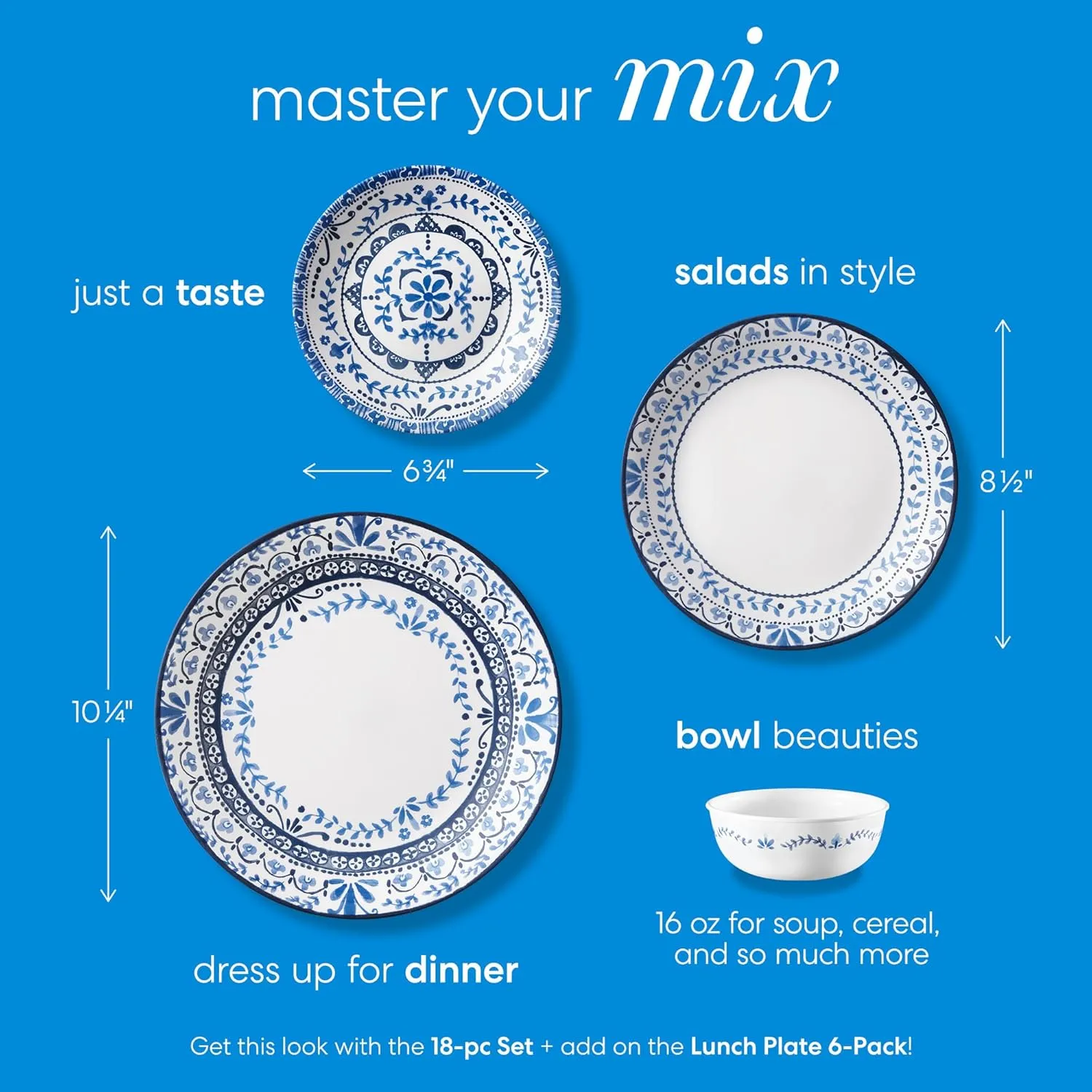 Corelle Vitrelle 6-Piece Appetizer Plates Set Triple Layer Glass and Chip Resistant, 6-3/4-Inch Lightweight Round Plates, Portofino