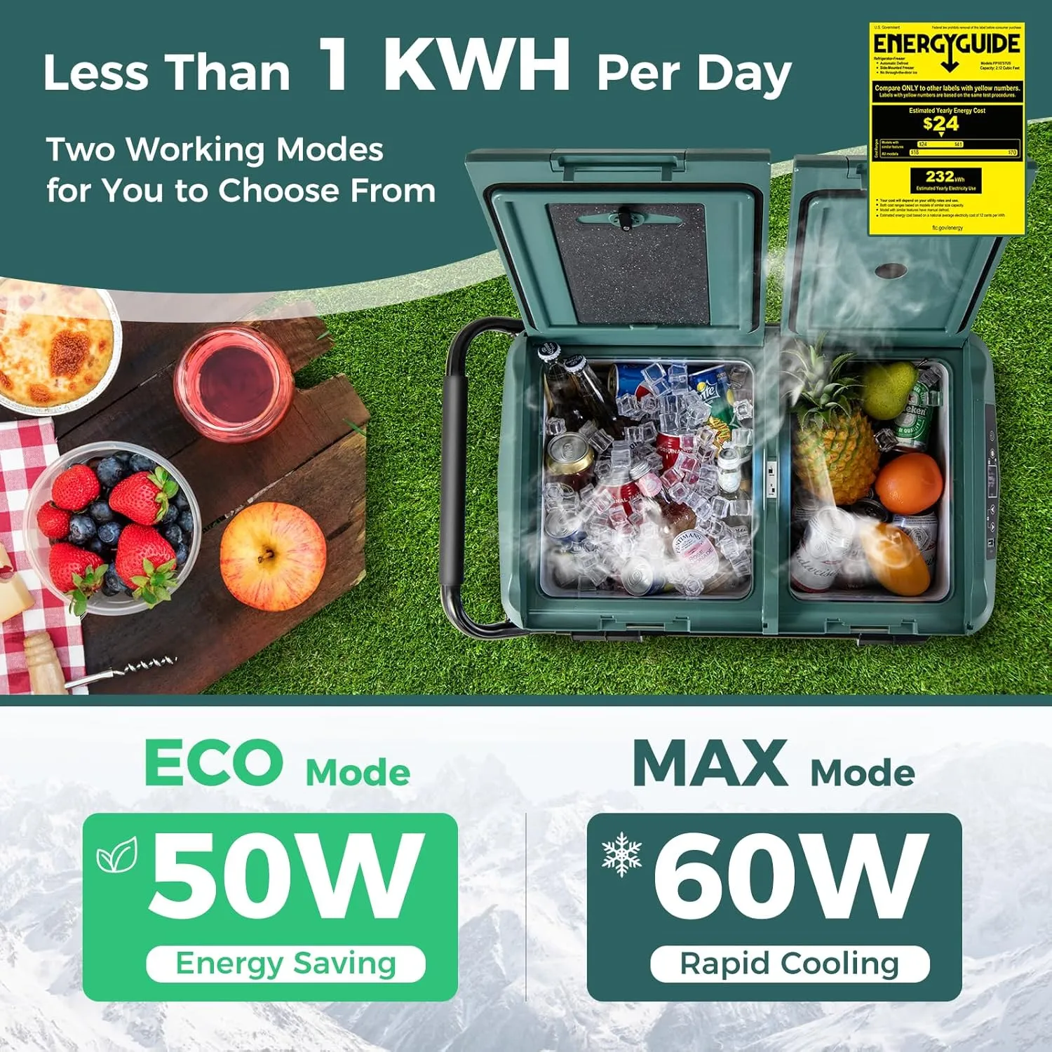 COSTWAY Car Refrigerator with Wheels, 64-Quart Dual-Zone Dual-Temperature Electric Cooler, 12V/24V DC, 100-240V AC, -4°F to 68°F, Reversible Lids, Portable Car Freezer for RV Camping, Green Black
