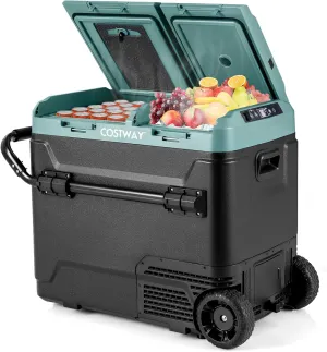 COSTWAY Car Refrigerator with Wheels, 64-Quart Dual-Zone Dual-Temperature Electric Cooler, 12V/24V DC, 100-240V AC, -4°F to 68°F, Reversible Lids, Portable Car Freezer for RV Camping, Green Black
