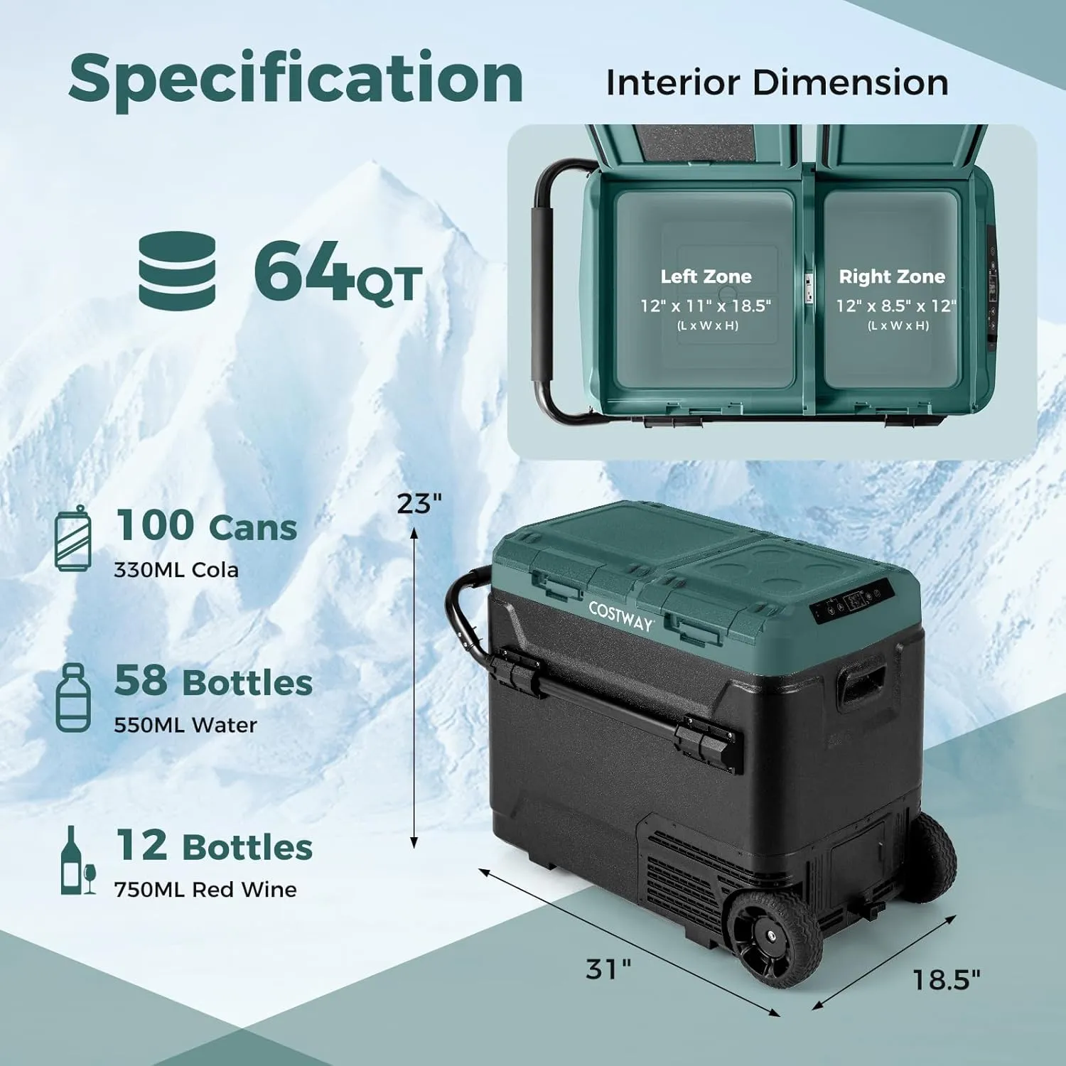 COSTWAY Car Refrigerator with Wheels, 64-Quart Dual-Zone Dual-Temperature Electric Cooler, 12V/24V DC, 100-240V AC, -4°F to 68°F, Reversible Lids, Portable Car Freezer for RV Camping, Green Black