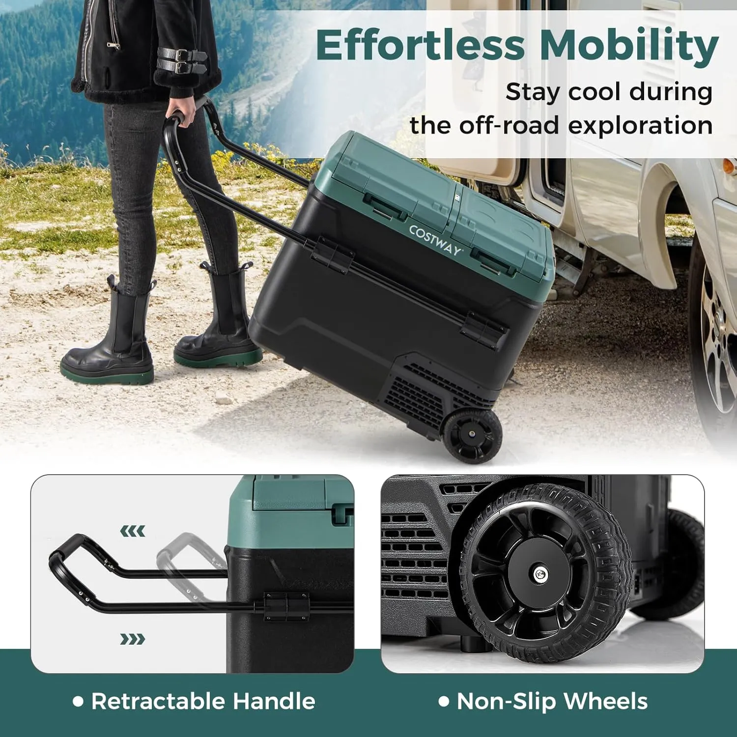 COSTWAY Car Refrigerator with Wheels, 64-Quart Dual-Zone Dual-Temperature Electric Cooler, 12V/24V DC, 100-240V AC, -4°F to 68°F, Reversible Lids, Portable Car Freezer for RV Camping, Green Black