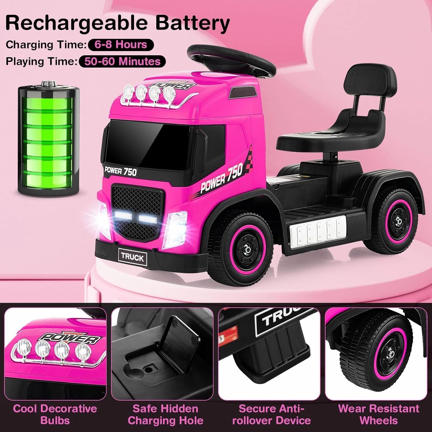Costzon Ride on Car, 6V Battery Powered Kids Car to Drive with Height Adjustable Seat, LED Lights, Music & Horn Sound, Electric or Coasting Mode, 2-in-1 Ride on Toy for Toddler Boys & Girls (Pink)