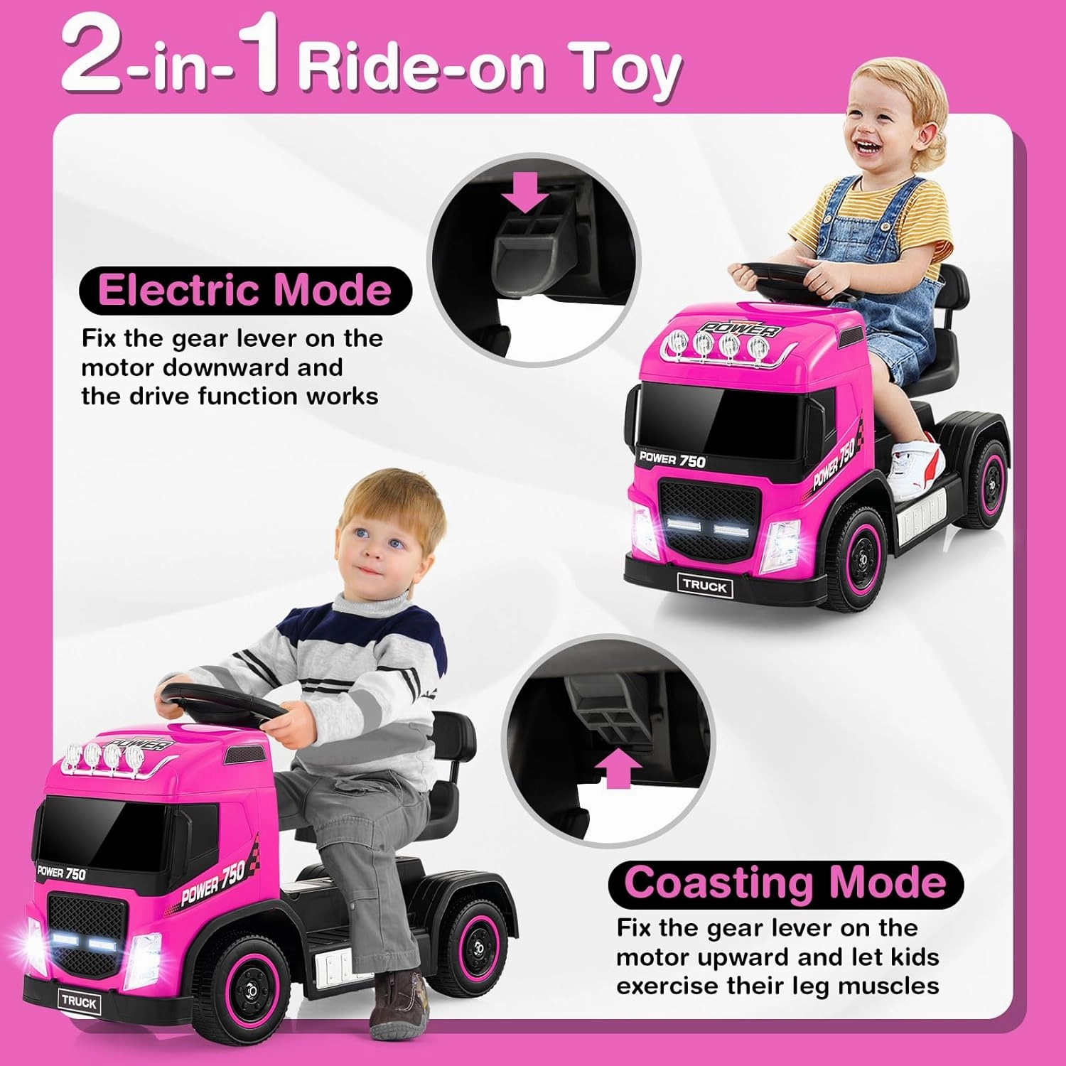 Costzon Ride on Car, 6V Battery Powered Kids Car to Drive with Height Adjustable Seat, LED Lights, Music & Horn Sound, Electric or Coasting Mode, 2-in-1 Ride on Toy for Toddler Boys & Girls (Pink)