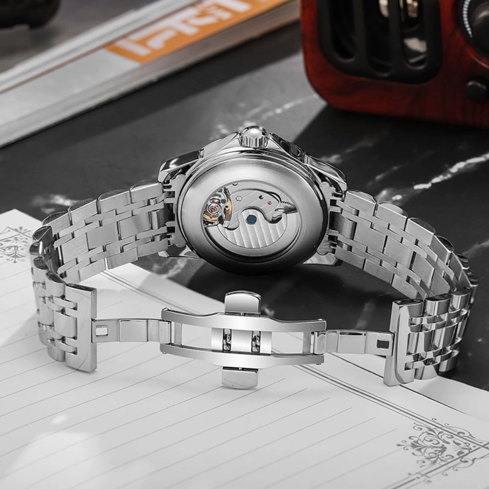 Creative Hollow Tourbillon Automatic Mechanical Watch for Men, Luxury Moon Phase 12 Hours Disk, Luminous Waterproof Skeleton Stainless Steel Watches