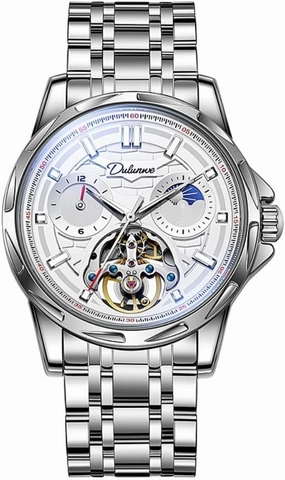Creative Hollow Tourbillon Automatic Mechanical Watch for Men, Luxury Moon Phase 12 Hours Disk, Luminous Waterproof Skeleton Stainless Steel Watches
