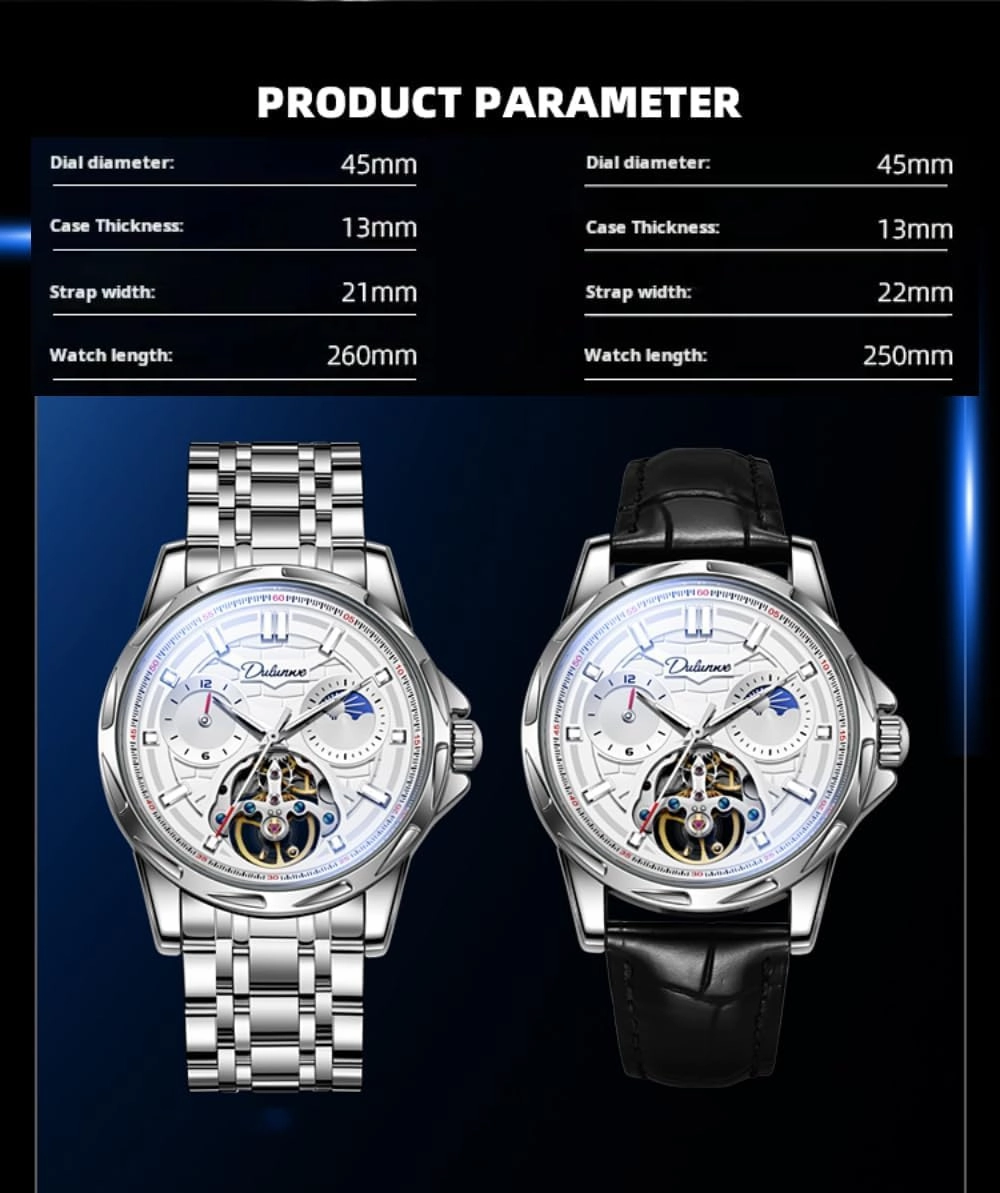 Creative Hollow Tourbillon Automatic Mechanical Watch for Men, Luxury Moon Phase 12 Hours Disk, Luminous Waterproof Skeleton Stainless Steel Watches