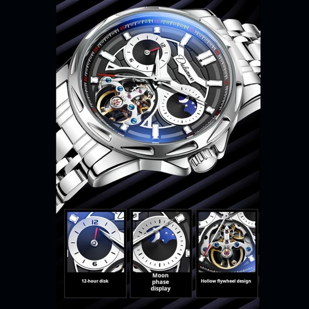 Creative Hollow Tourbillon Automatic Mechanical Watch for Men, Luxury Moon Phase 12 Hours Disk, Luminous Waterproof Skeleton Stainless Steel Watches