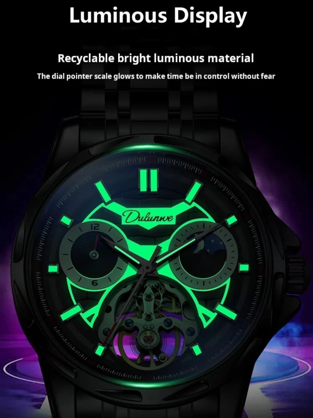 Creative Hollow Tourbillon Automatic Mechanical Watch for Men, Luxury Moon Phase 12 Hours Disk, Luminous Waterproof Skeleton Stainless Steel Watches