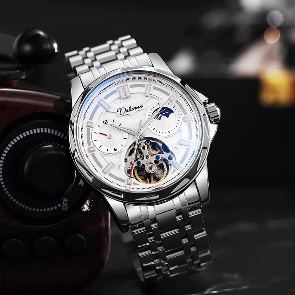 Creative Hollow Tourbillon Automatic Mechanical Watch for Men, Luxury Moon Phase 12 Hours Disk, Luminous Waterproof Skeleton Stainless Steel Watches